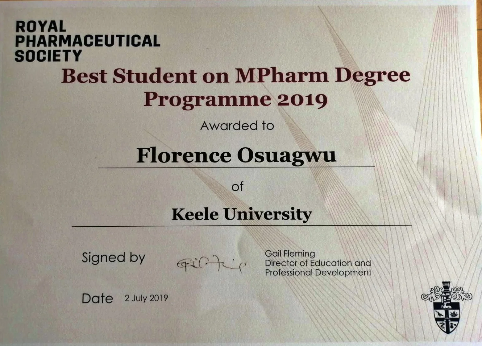 UK Royal Pharmaceutical Society Award for 1st Class Grundtvig Alumnus