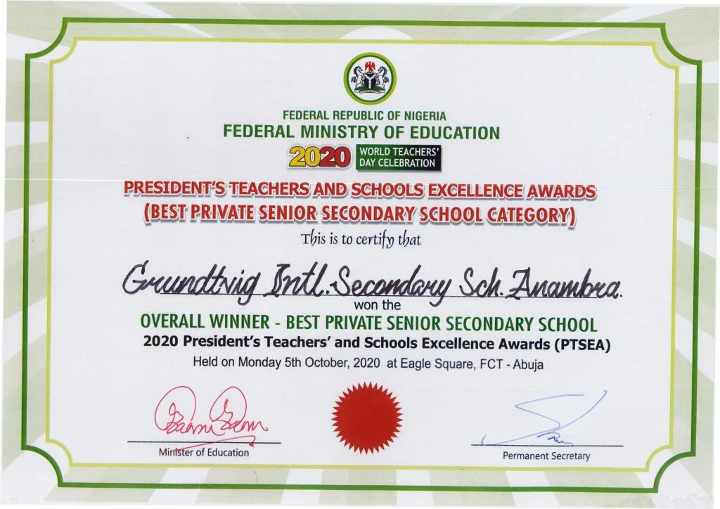 GRUNDTVIG WINS PRESIDENTIAL AWARD AS THE OVERALL BEST PRIVATE SECONDARY SCHOOL IN NIGERIA